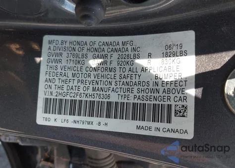2019 Honda Civic Lx from USA, damaged, VIN 2HGFC2F67KH576306